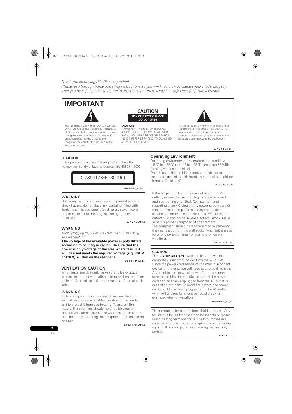 Important, Class 1 laser product, Caution | Pioneer BDP-440 User Manual | Page 2 / 64