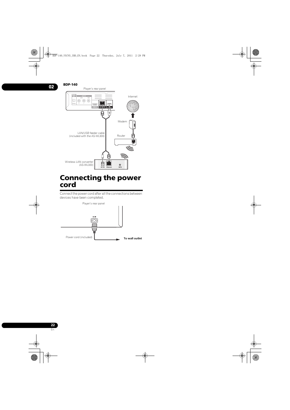 Connecting the power cord | Pioneer BDP-440 User Manual | Page 22 / 64