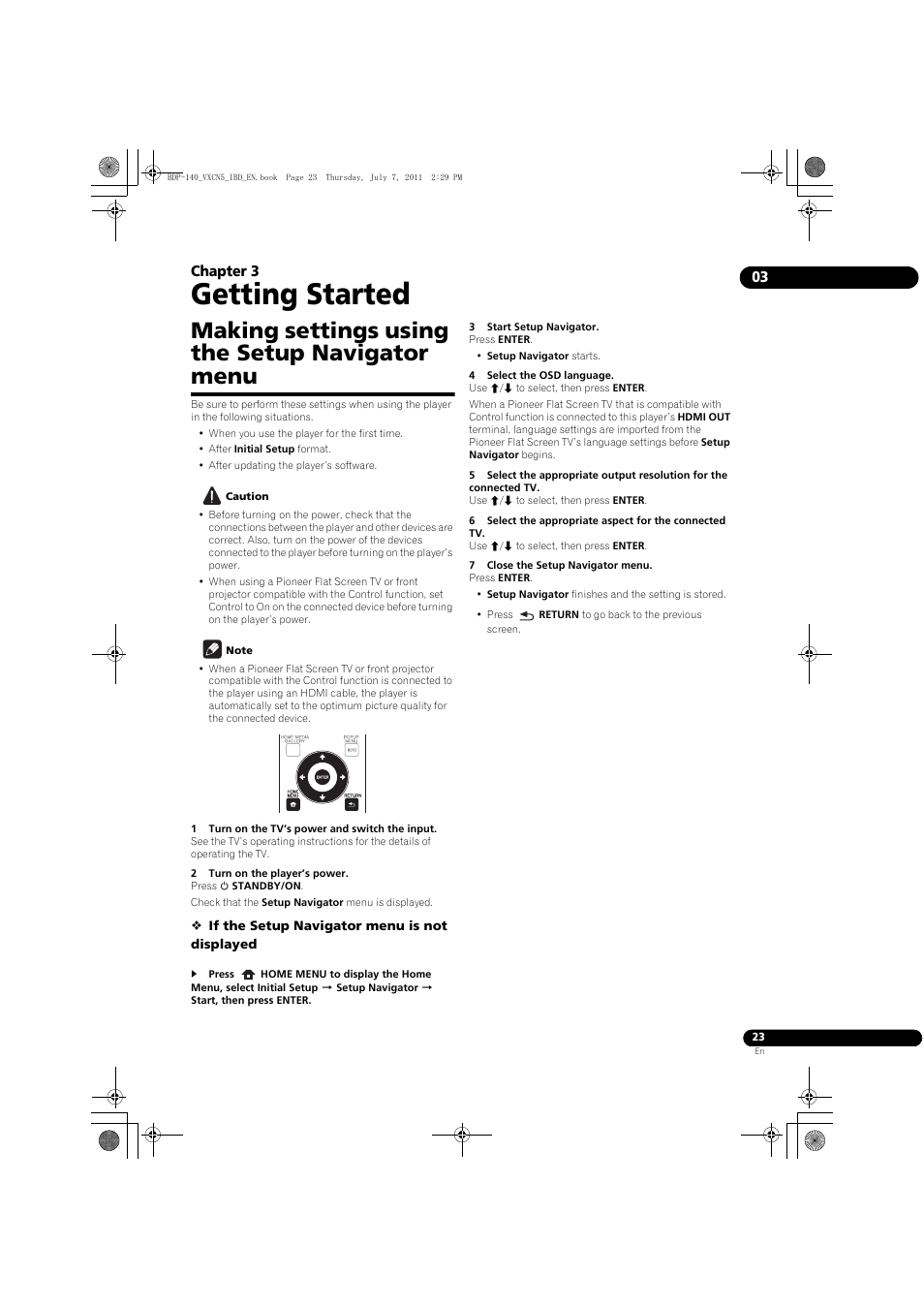 Making settings using the setup navigator menu, Getting started, 03 chapter 3 | Pioneer BDP-440 User Manual | Page 23 / 64
