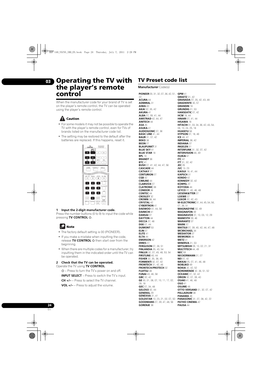 Operating the tv with the player’s remote control, Tv preset code list | Pioneer BDP-440 User Manual | Page 24 / 64