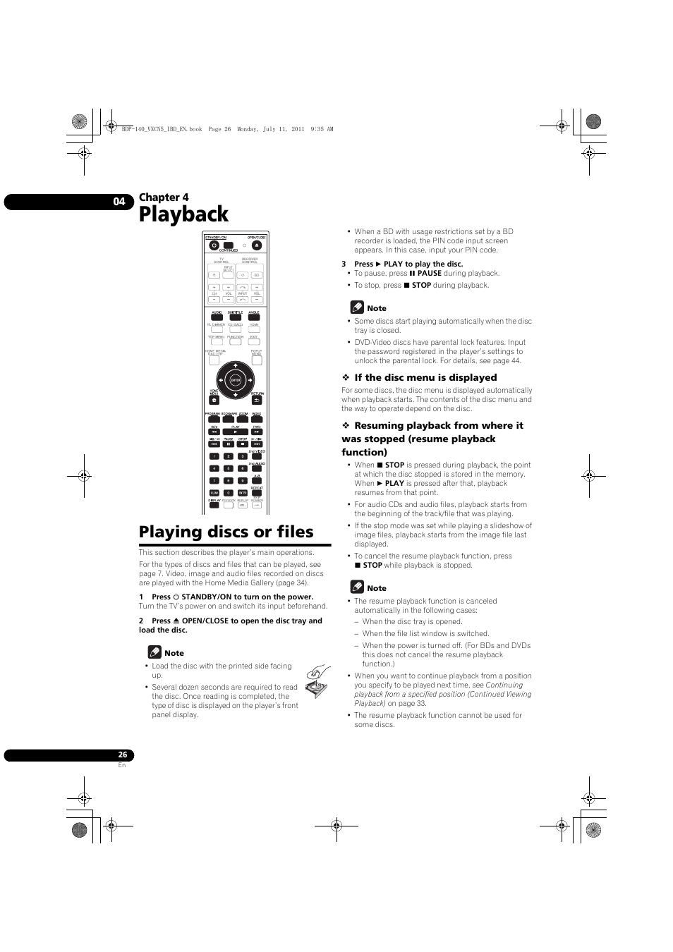 Playing discs or files, Playback, Chapter 4 | Pioneer BDP-440 User Manual | Page 26 / 64