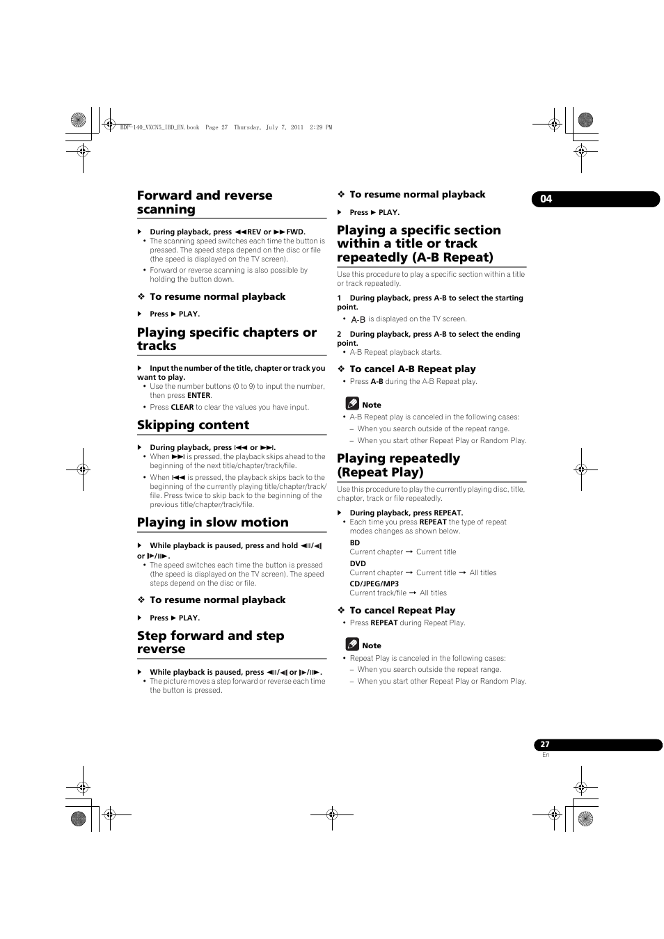 Forward and reverse scanning, Playing specific chapters or tracks, Skipping content | Playing in slow motion, Step forward and step reverse, Playing repeatedly (repeat play) | Pioneer BDP-440 User Manual | Page 27 / 64