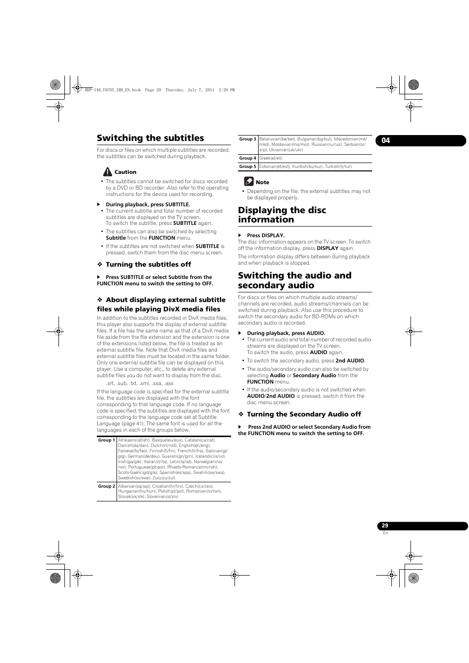 Switching the subtitles, Displaying the disc information, Switching the audio and secondary audio | Pioneer BDP-440 User Manual | Page 29 / 64