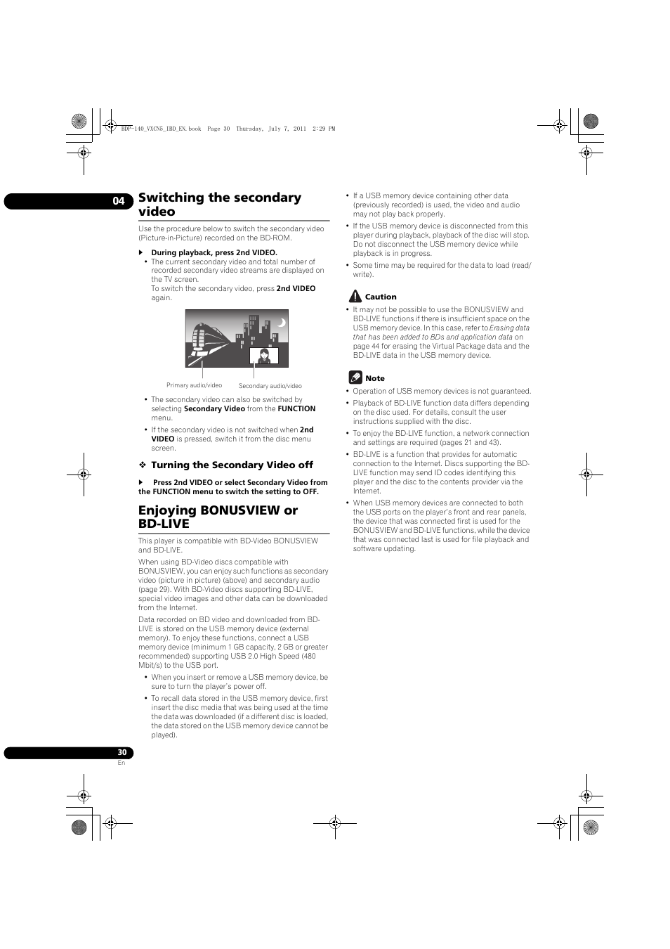 Switching the secondary video, Enjoying bonusview or bd-live | Pioneer BDP-440 User Manual | Page 30 / 64