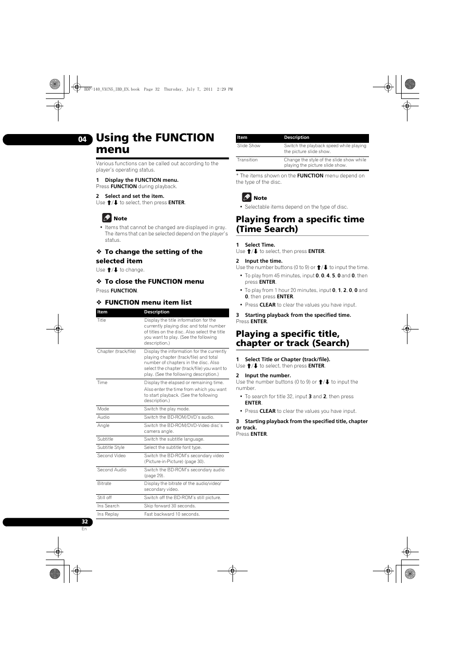 Using the function menu, Playing from a specific time (time search) | Pioneer BDP-440 User Manual | Page 32 / 64