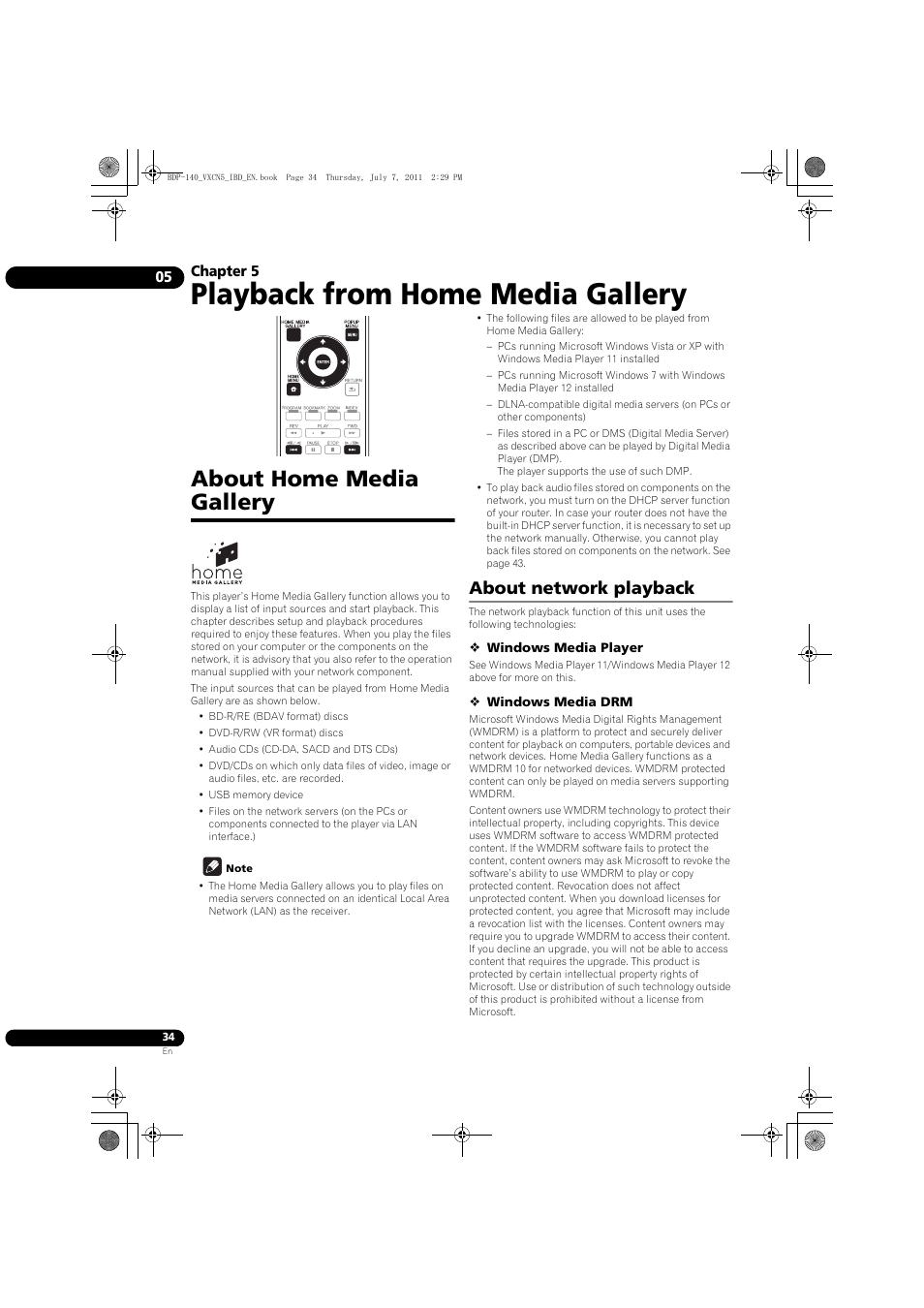 About home media gallery, About network playback, Playback from home media gallery | Pioneer BDP-440 User Manual | Page 34 / 64