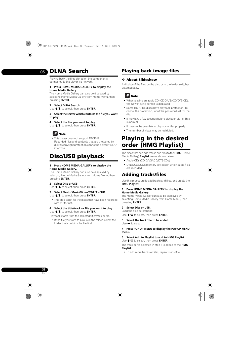 Dlna search disc/usb playback, Playing back image files, Playing in the desired order (hmg playlist) | Adding tracks/files, Dlna search, Disc/usb playback | Pioneer BDP-440 User Manual | Page 36 / 64