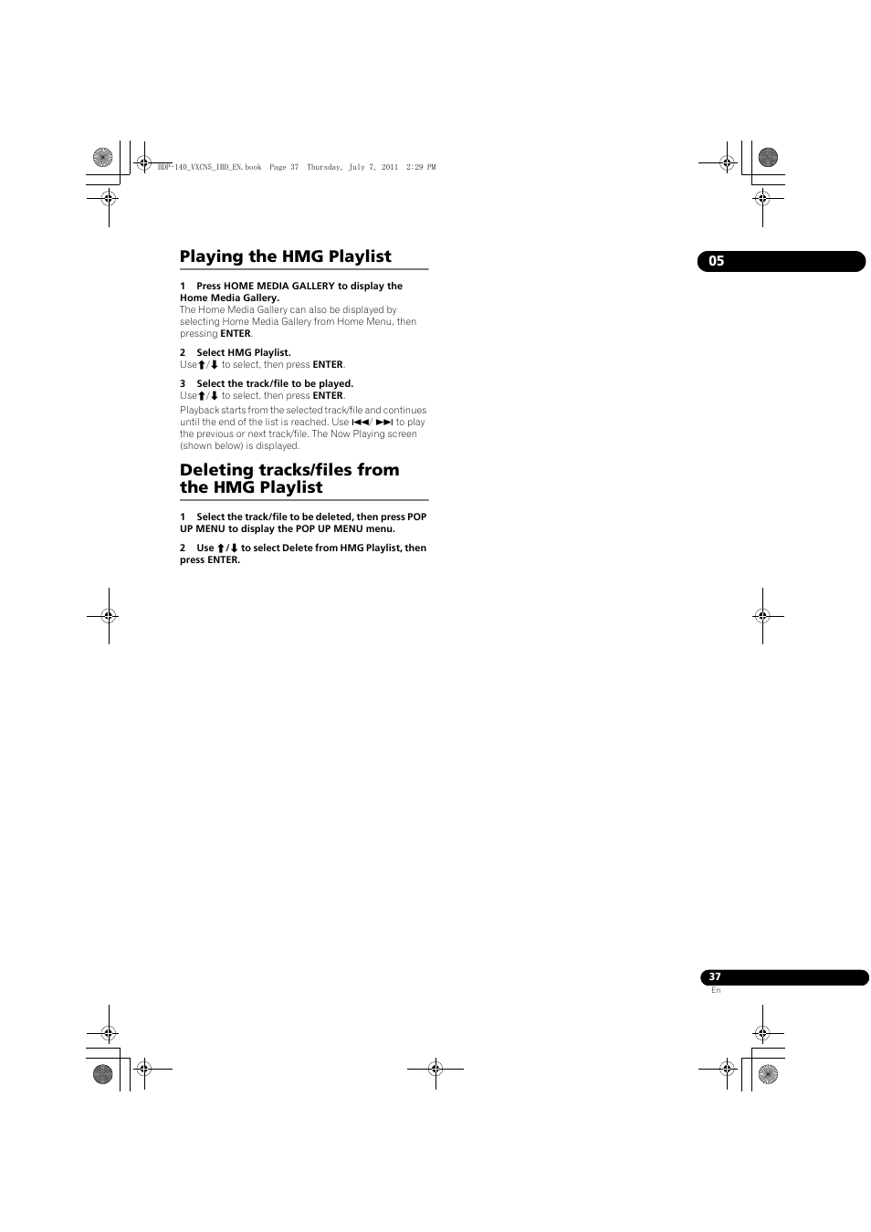 Playing the hmg playlist, Deleting tracks/files from the hmg playlist | Pioneer BDP-440 User Manual | Page 37 / 64