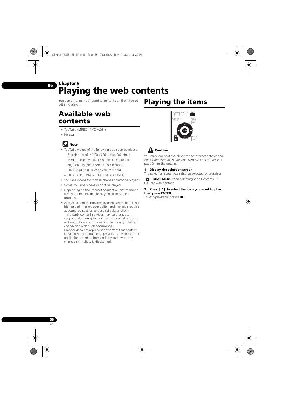 Available web contents playing the items, Playing the web contents, Available web contents | Playing the items | Pioneer BDP-440 User Manual | Page 38 / 64