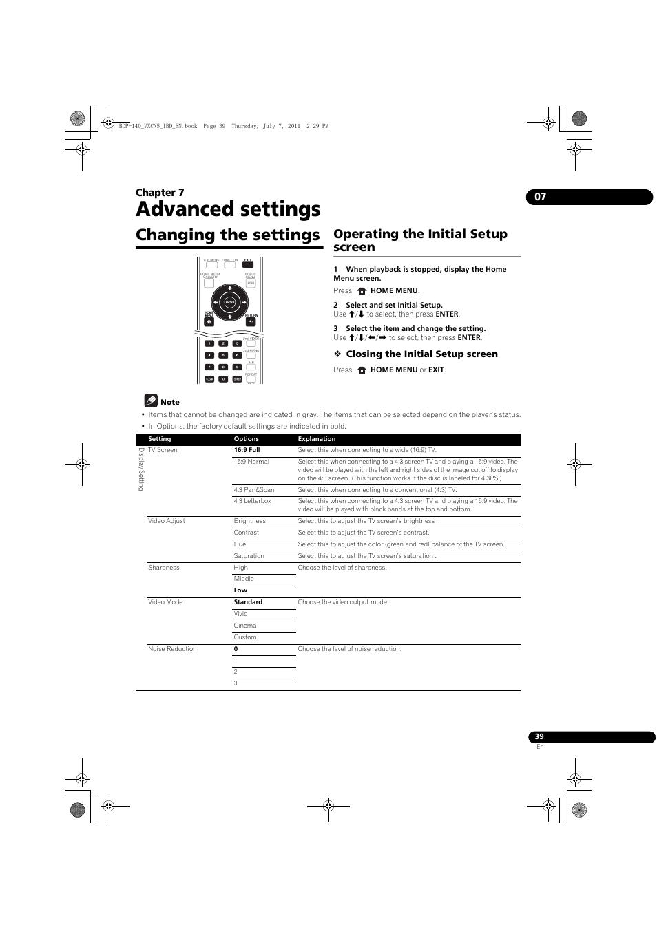 Changing the settings, Operating the initial setup screen, Advanced settings | 07 chapter 7 | Pioneer BDP-440 User Manual | Page 39 / 64