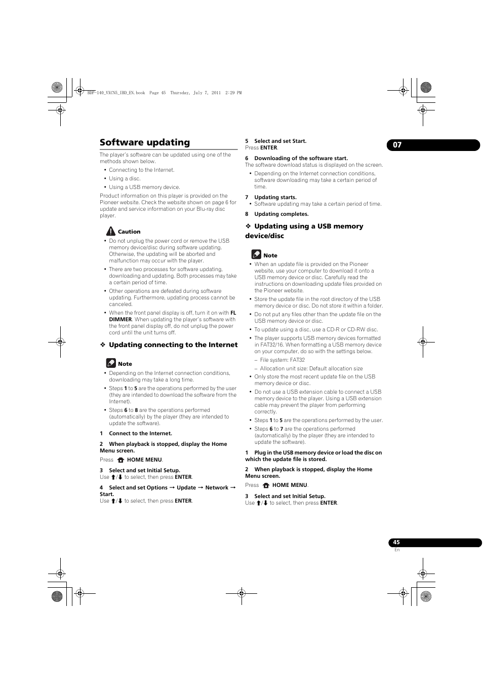 Software updating | Pioneer BDP-440 User Manual | Page 45 / 64