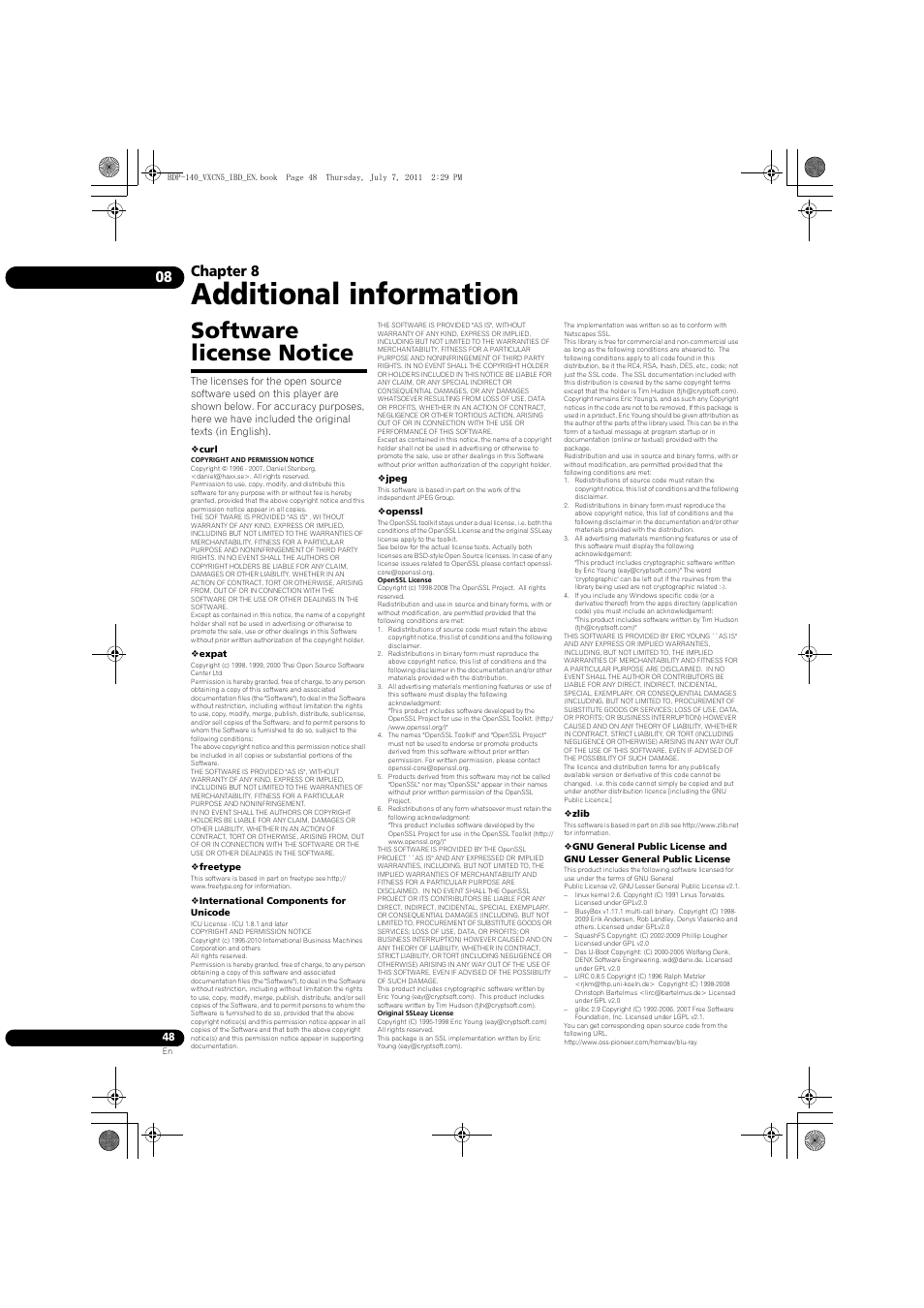 Software license notice, Additional information, Chapter 8 | Pioneer BDP-440 User Manual | Page 48 / 64