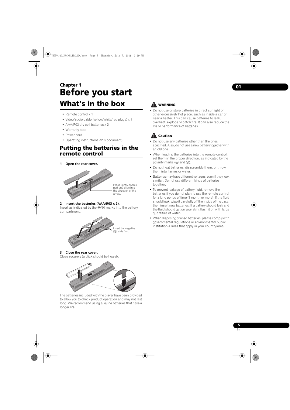 What’s in the box, Putting the batteries in the remote control, Before you start | 01 chapter 1 | Pioneer BDP-440 User Manual | Page 5 / 64