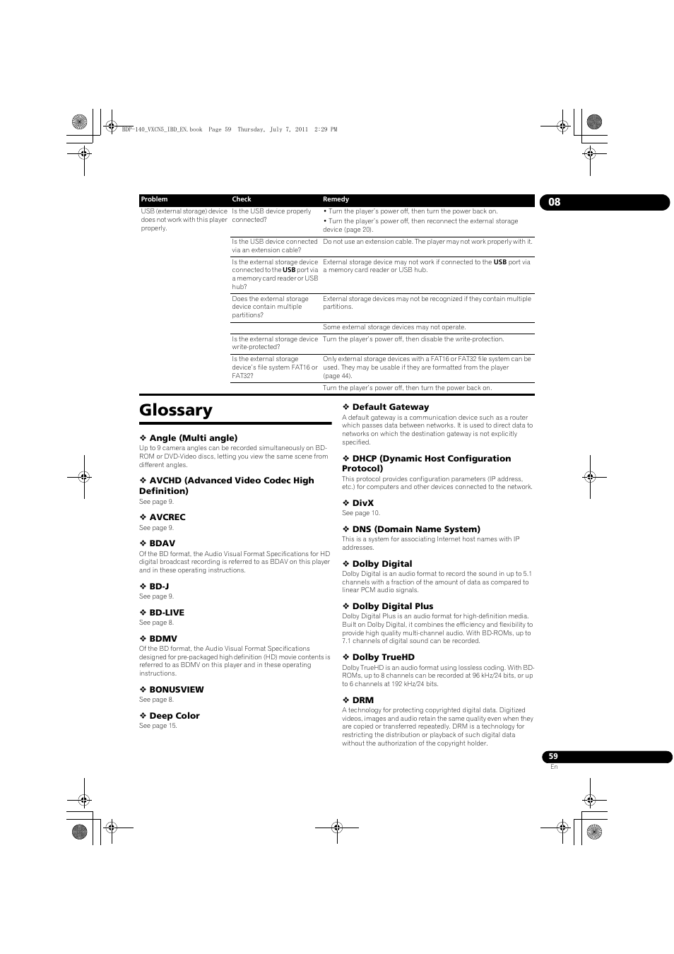 Glossary | Pioneer BDP-440 User Manual | Page 59 / 64
