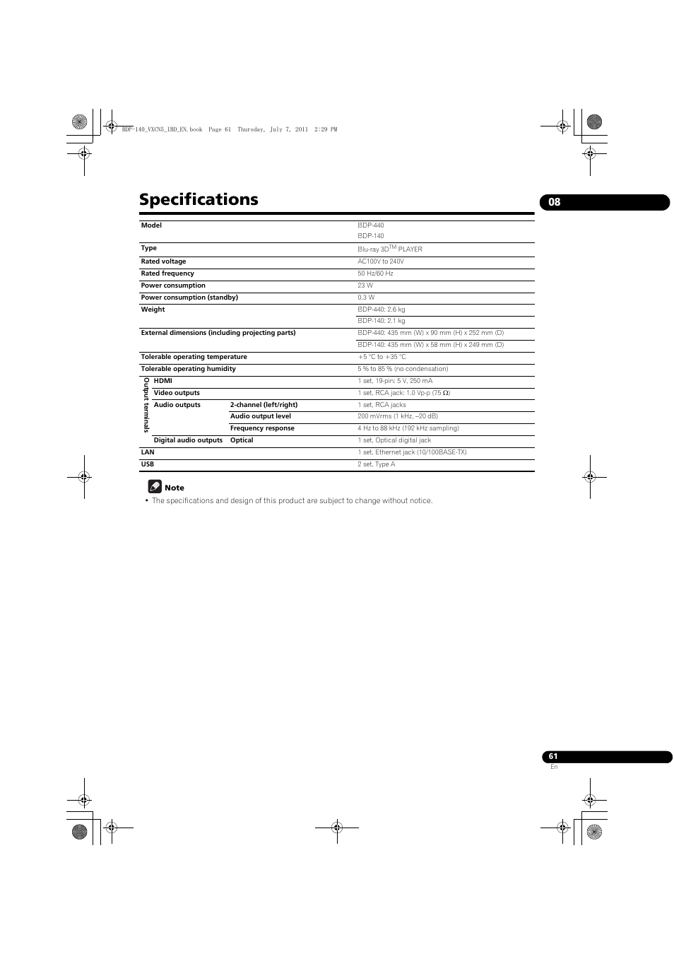 Specifications | Pioneer BDP-440 User Manual | Page 61 / 64