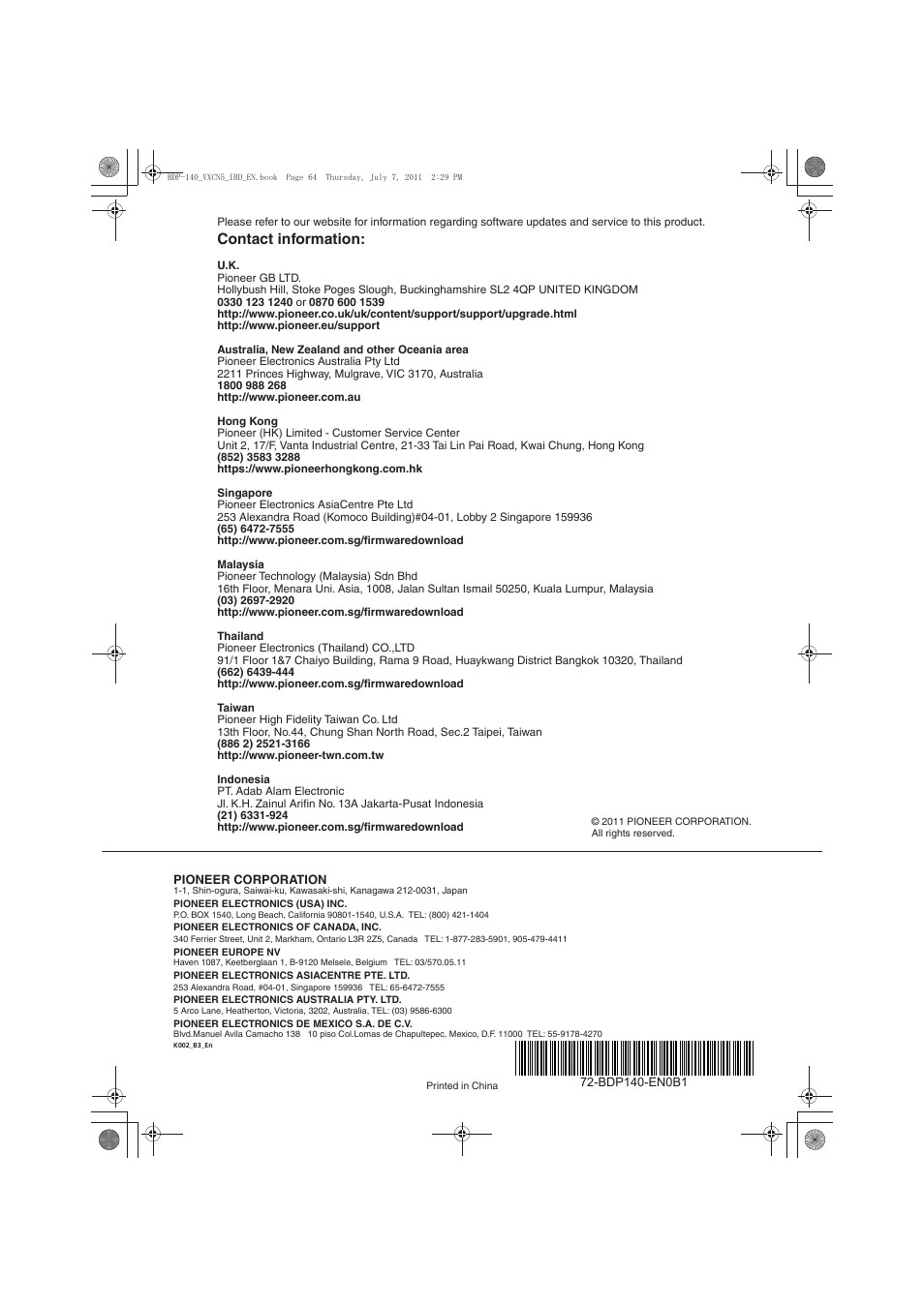 Contact information | Pioneer BDP-440 User Manual | Page 64 / 64