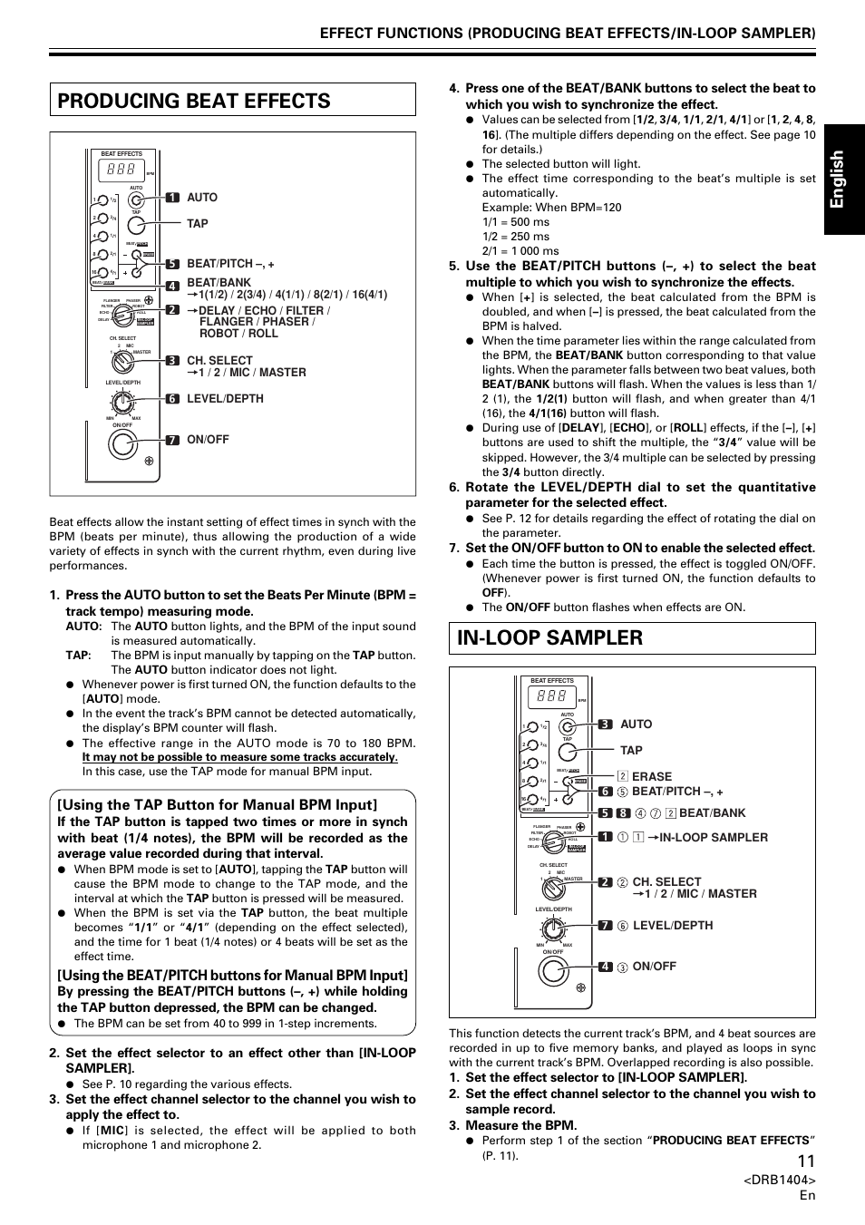 Producing beat effects in-loop sampler, Producing beat effects, In-loop sampler | English, Using the tap button for manual bpm input, Using the beat/pitch buttons for manual bpm input, Drb1404> en | Pioneer DJM-400 User Manual | Page 11 / 76