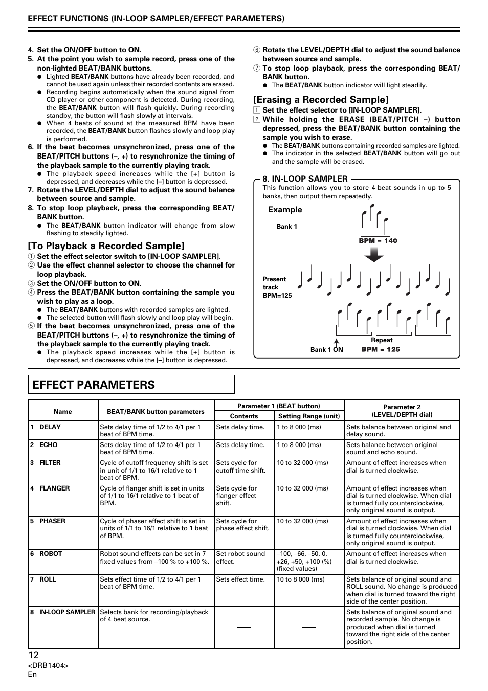 Effect parameters, Erasing a recorded sample | Pioneer DJM-400 User Manual | Page 12 / 76