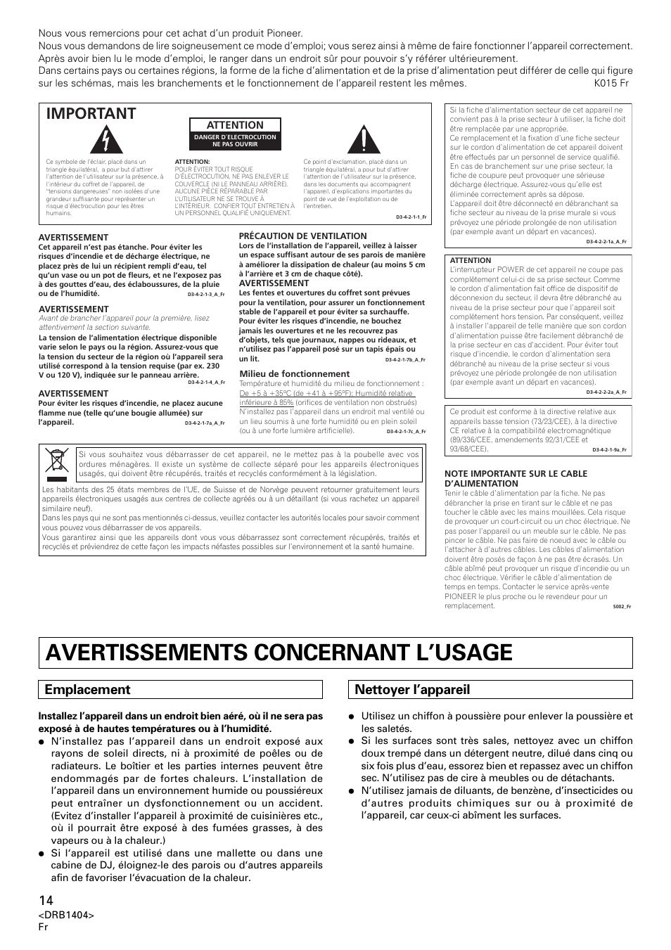 Avertissements concernant l’usage, Important, Emplacement | Nettoyer l’appareil, Attention | Pioneer DJM-400 User Manual | Page 14 / 76