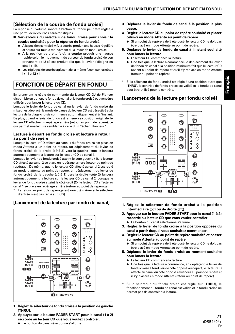 Fonction de départ en fondu, Fran ç ais, Lancement de la lecture par fondu de canal | Lancement de la lecture par fondu croisé, Sélection de la courbe de fondu croisé | Pioneer DJM-400 User Manual | Page 21 / 76