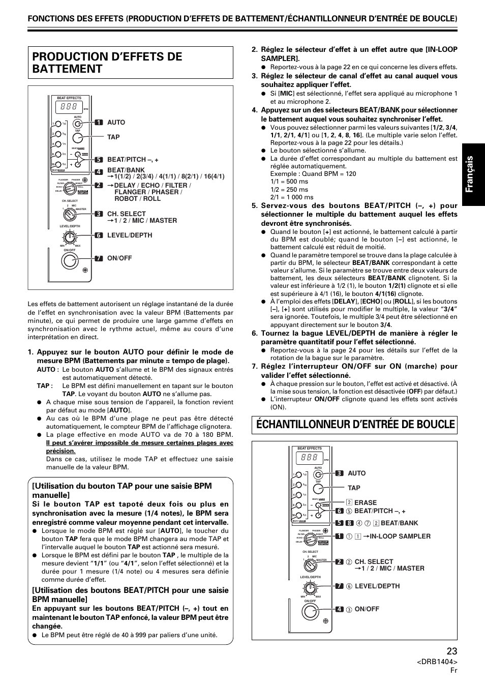 Production d’effets de battement, Échantillonneur d’entrée de boucle, Fran ç ais | Drb1404> fr | Pioneer DJM-400 User Manual | Page 23 / 76