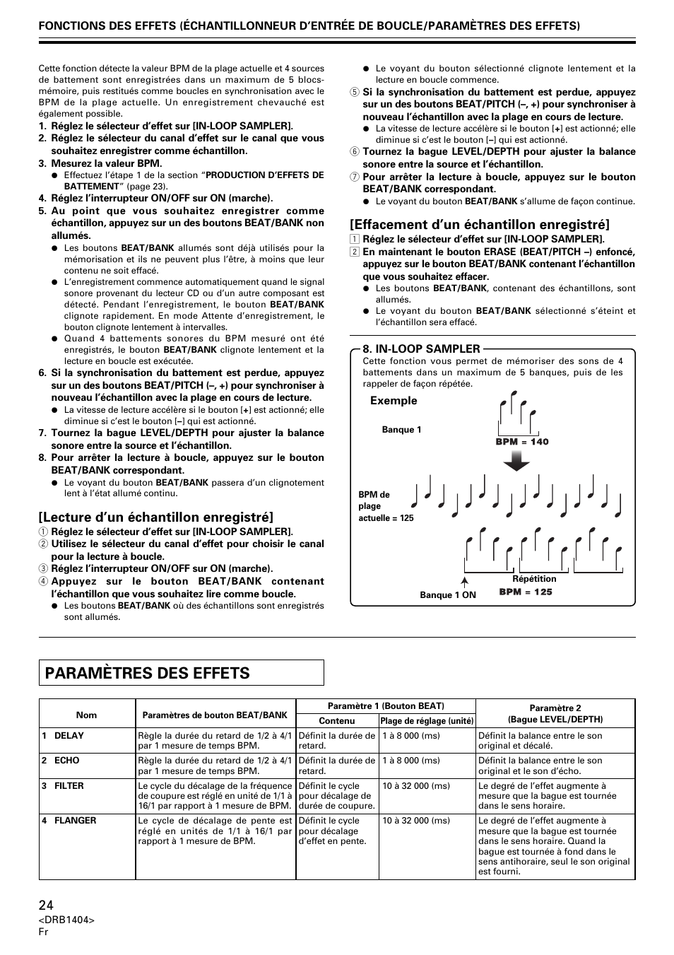 Paramètres des effets, Lecture d’un échantillon enregistré, Effacement d’un échantillon enregistré | Pioneer DJM-400 User Manual | Page 24 / 76