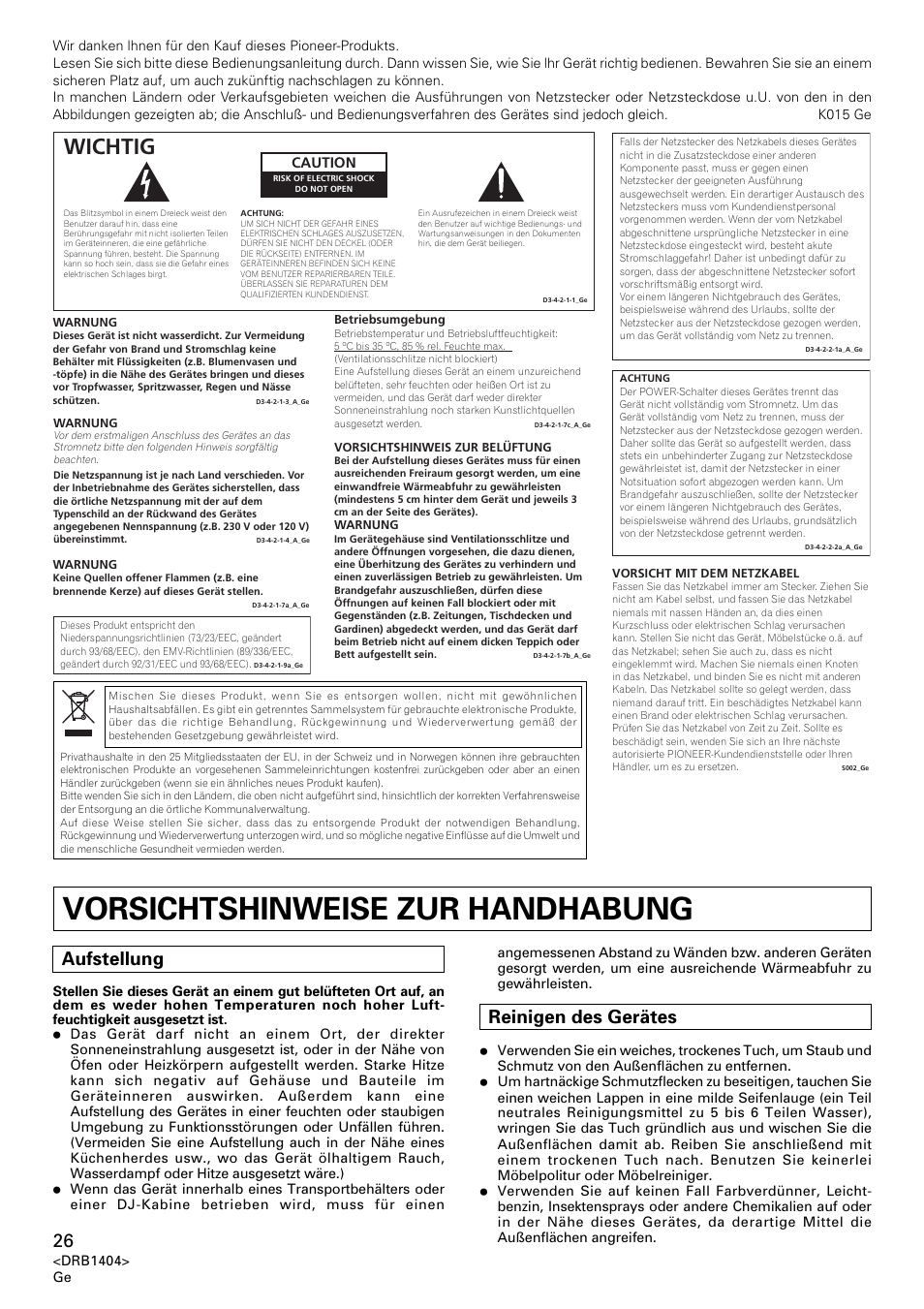Vorsichtshinweise zur handhabung, Wichtig, Aufstellung | Reinigen des gerätes, Caution | Pioneer DJM-400 User Manual | Page 26 / 76