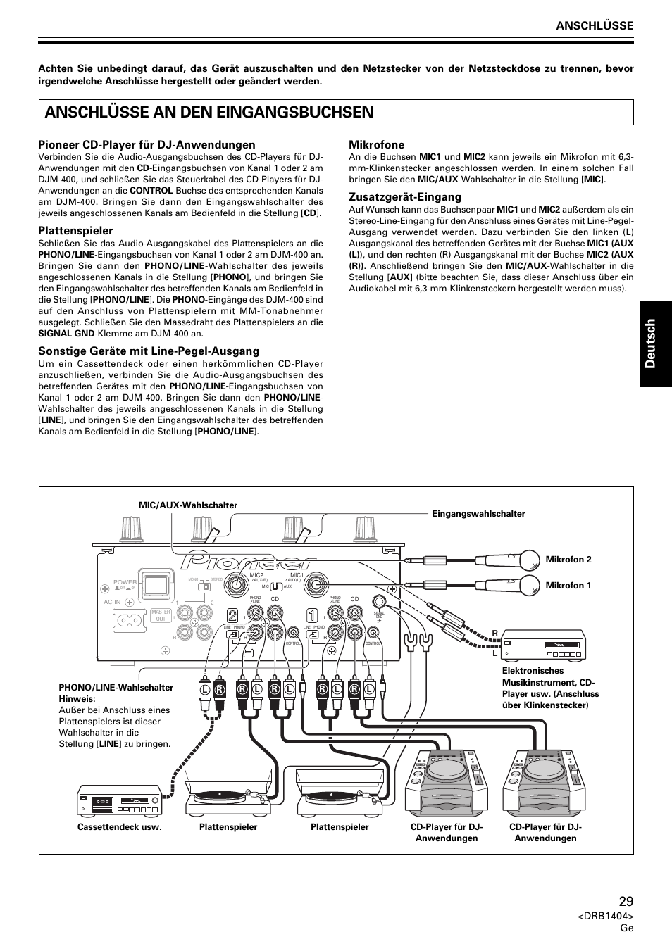 Anschlüsse an den eingangsbuchsen, Deutsch, Anschlüsse pioneer cd-player für dj-anwendungen | Plattenspieler, Sonstige geräte mit line-pegel-ausgang, Mikrofone, Zusatzgerät-eingang, Drb1404> ge | Pioneer DJM-400 User Manual | Page 29 / 76