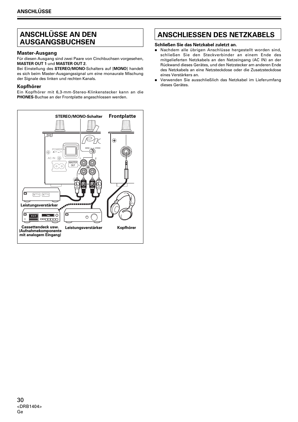 Anschlüsse an den ausgangsbuchsen, Anschliessen des netzkabels, Master-ausgang | Kopfhörer, Frontplatte, Anschlüsse | Pioneer DJM-400 User Manual | Page 30 / 76