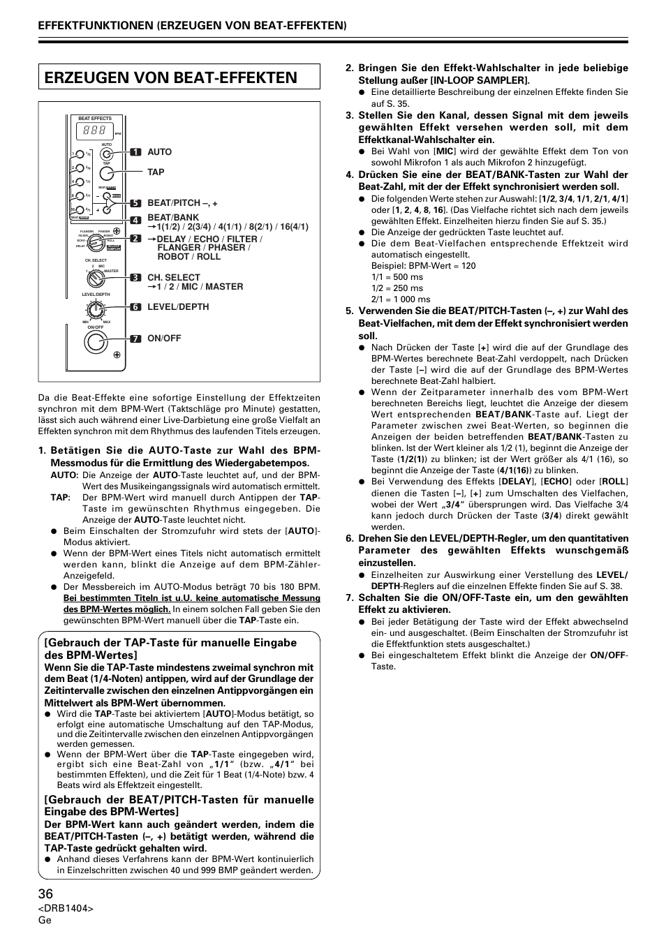 Erzeugen von beat-effekten, Effektfunktionen (erzeugen von beat-effekten), Drb1404> ge | Pioneer DJM-400 User Manual | Page 36 / 76