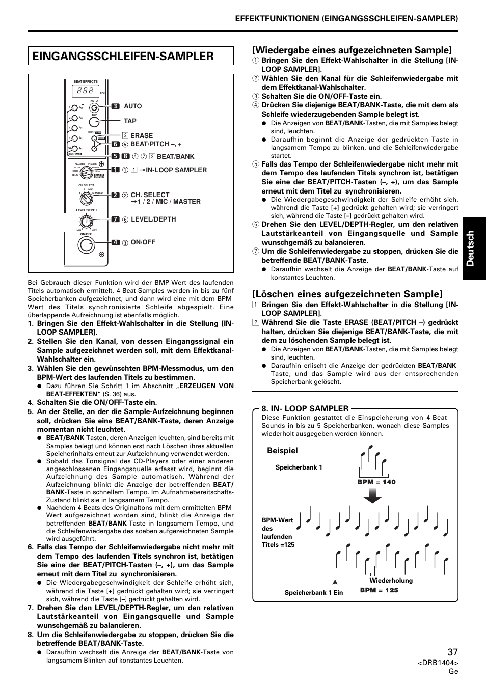 Eingangsschleifen-sampler, Deutsch, Wiedergabe eines aufgezeichneten sample | Löschen eines aufgezeichneten sample, Effektfunktionen (eingangsschleifen-sampler), In- loop sampler, Beispiel | Pioneer DJM-400 User Manual | Page 37 / 76