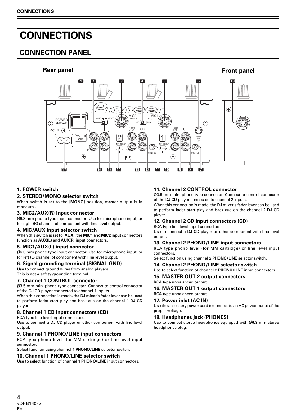 Connections, Connection panel, Rear panel front panel | Power switch 2. stereo/mono selector switch, Mic2/aux(r) input connector, Mic/aux input selector switch, Mic1/aux(l) input connector, Signal grounding terminal (signal gnd), Channel 1 control connector, Channel 1 cd input connectors (cd) | Pioneer DJM-400 User Manual | Page 4 / 76