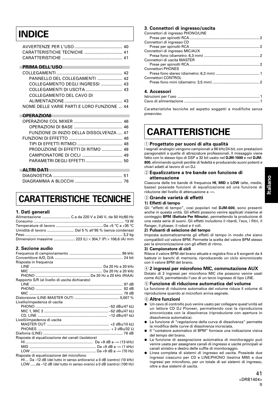 Istruzioni per l’uso, Indice, Caratteristiche caratteristiche tecniche | Italiano | Pioneer DJM-400 User Manual | Page 41 / 76