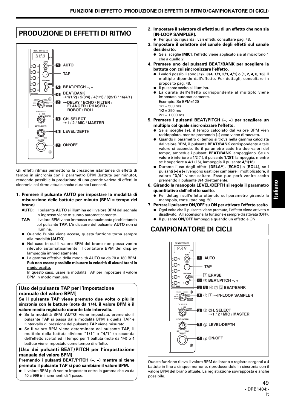 Produzione di effetti di ritmo, Campionatore di cicli, Italiano | Drb1404> it | Pioneer DJM-400 User Manual | Page 49 / 76