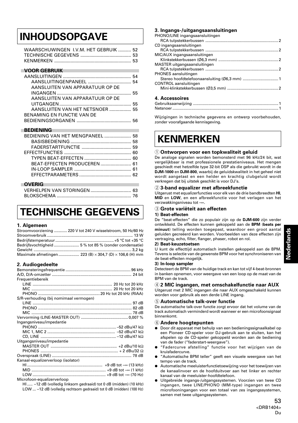 Gebruiksaanwijzing, Inhoudsopgave, Kenmerken technische gegevens | Nederlands | Pioneer DJM-400 User Manual | Page 53 / 76