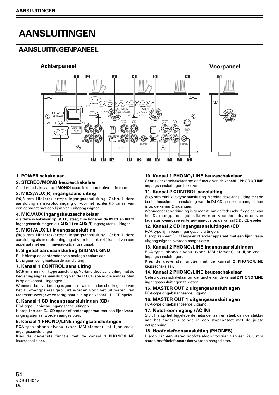 Aansluitingen, Aansluitingenpaneel, Achterpaneel voorpaneel | Power schakelaar 2. stereo/mono keuzeschakelaar, Mic2/aux(r) ingangsaansluiting, Mic/aux ingangskeuzeschakelaar, Mic1/aux(l) ingangsaansluiting, Signaal-aardeaansluiting (signal gnd), Kanaal 1 control aansluiting, Kanaal 1 cd ingangsaansluitingen (cd) | Pioneer DJM-400 User Manual | Page 54 / 76