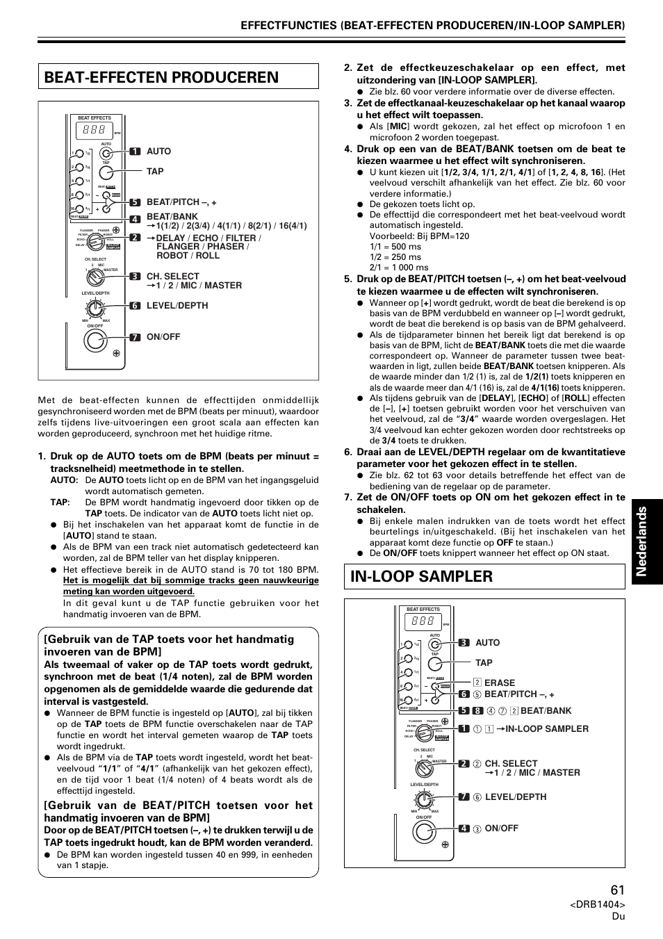 Beat-effecten produceren in-loop sampler, Beat-effecten produceren, In-loop sampler | Nederlands, Drb1404> du | Pioneer DJM-400 User Manual | Page 61 / 76