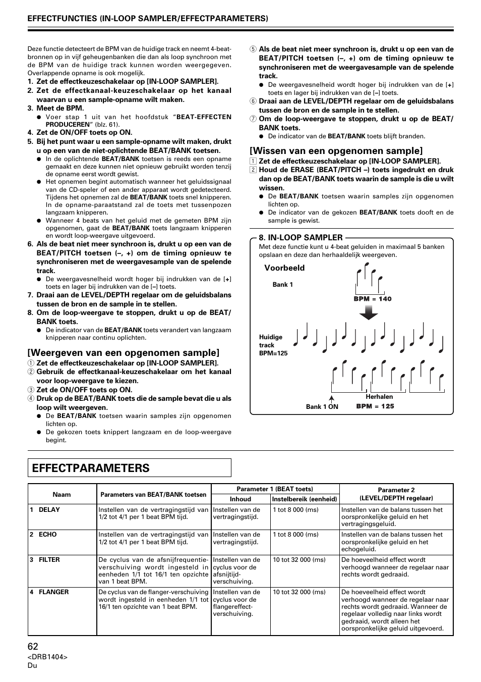Effectparameters, Weergeven van een opgenomen sample, Wissen van een opgenomen sample | Pioneer DJM-400 User Manual | Page 62 / 76