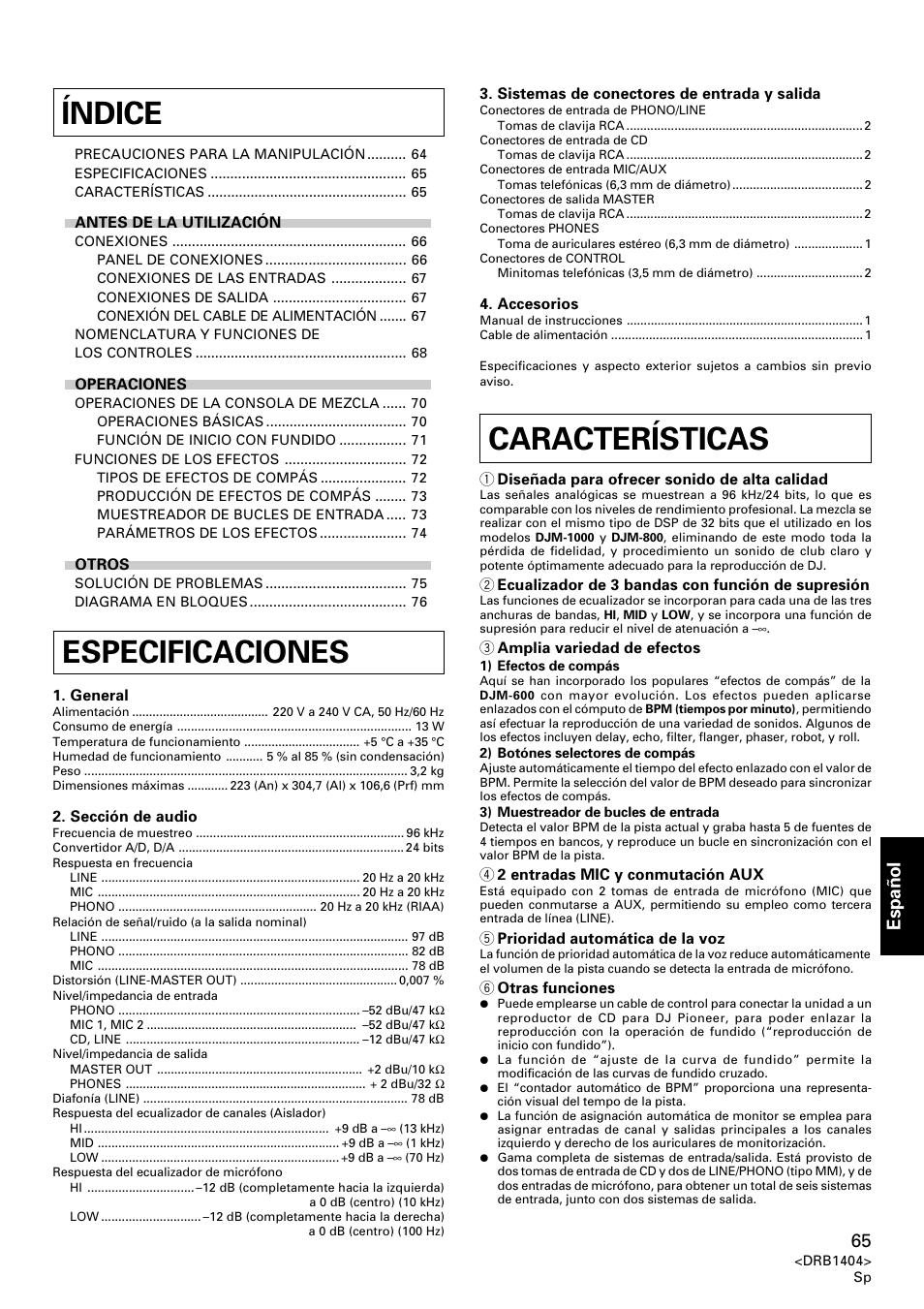 Manual de instrucciones, Índice, Características especificaciones | Espa ñ ol | Pioneer DJM-400 User Manual | Page 65 / 76