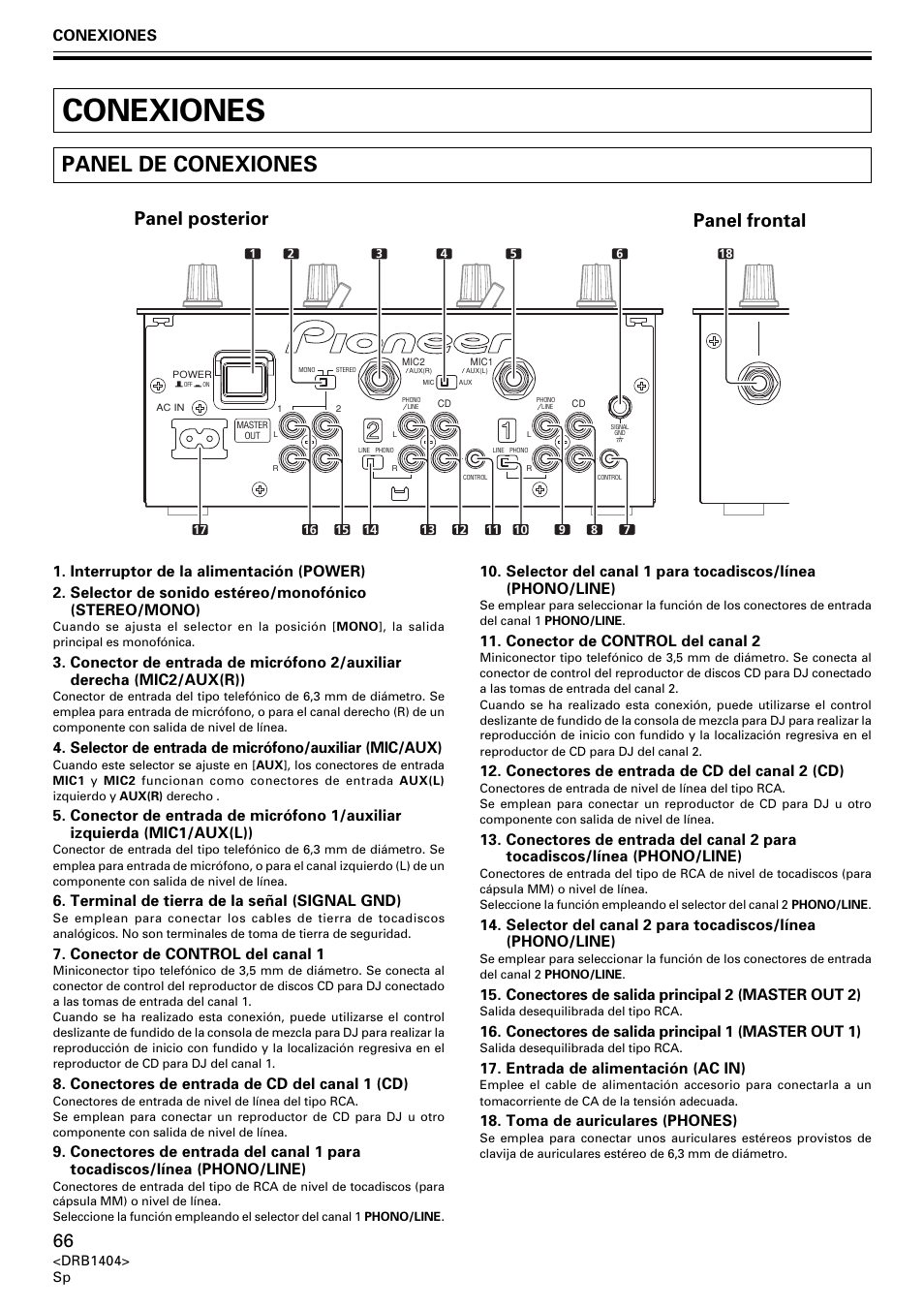 Conexiones, Panel de conexiones, Panel posterior panel frontal | Terminal de tierra de la señal (signal gnd), Conector de control del canal 1, Conectores de entrada de cd del canal 1 (cd), Conector de control del canal 2, Conectores de entrada de cd del canal 2 (cd), Conectores de salida principal 2 (master out 2), Conectores de salida principal 1 (master out 1) | Pioneer DJM-400 User Manual | Page 66 / 76