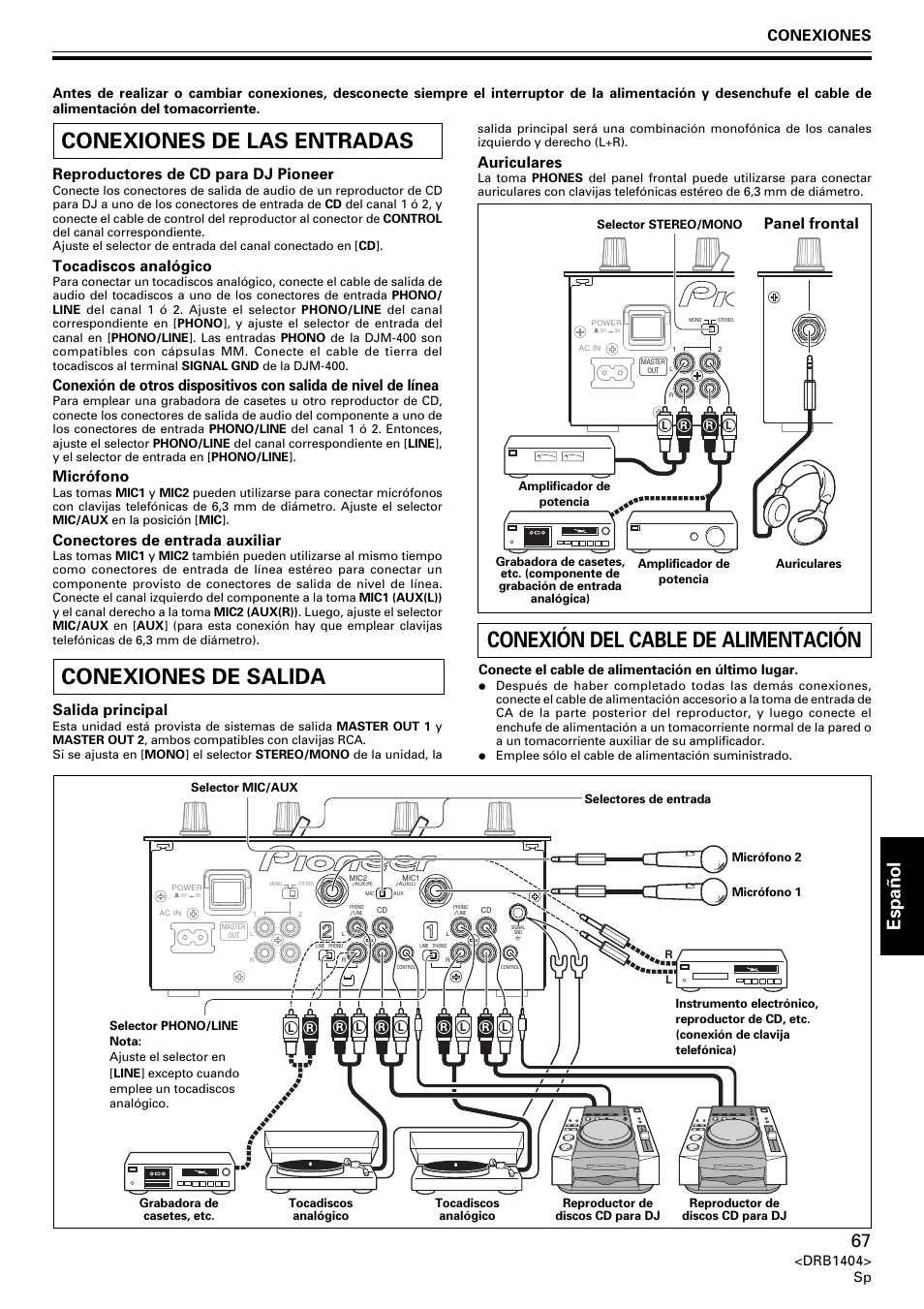 Conexiones de las entradas, Conexiones de salida, Conexión del cable de alimentación | Espa ñ ol, Conexiones, Reproductores de cd para dj pioneer, Tocadiscos analógico, Micrófono, Conectores de entrada auxiliar, Salida principal | Pioneer DJM-400 User Manual | Page 67 / 76