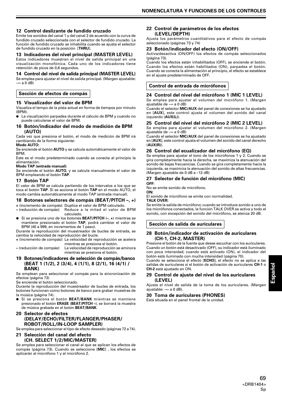Espa ñ ol | Pioneer DJM-400 User Manual | Page 69 / 76