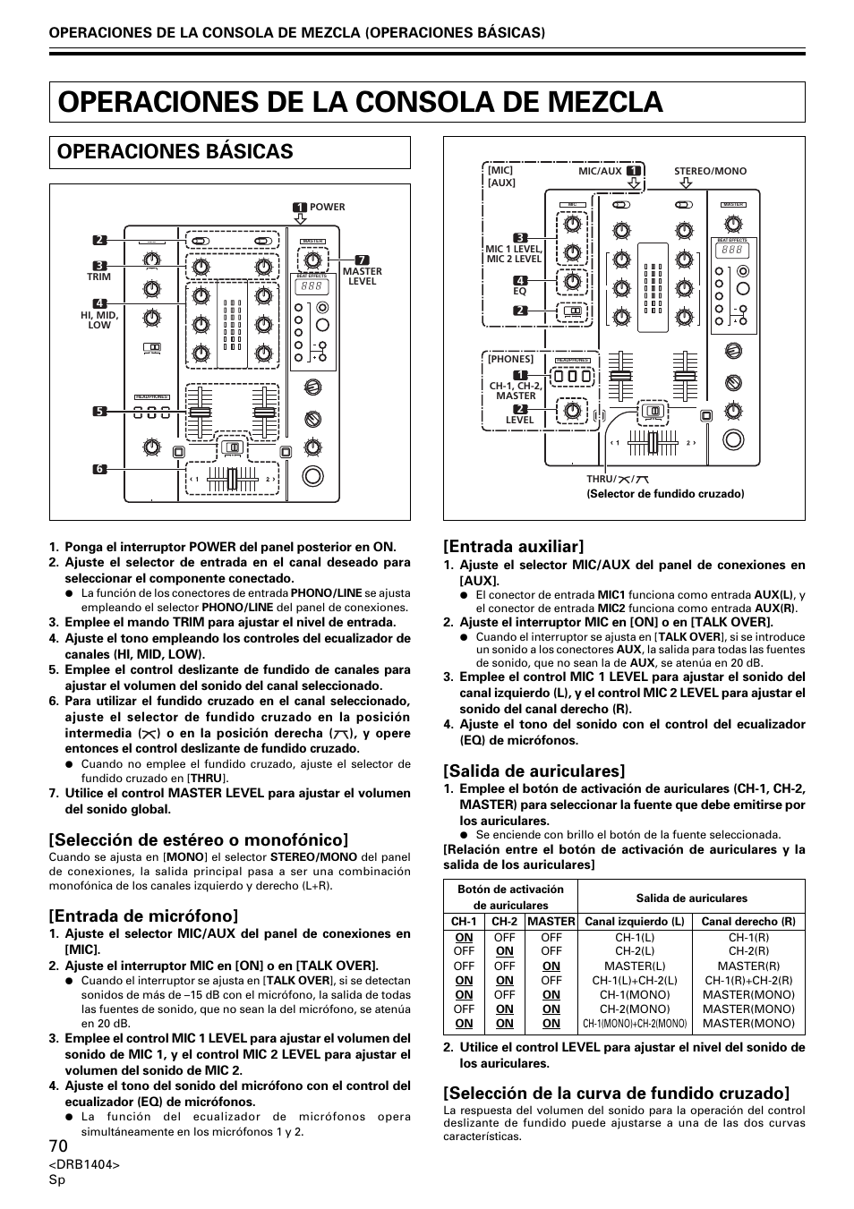 Operaciones de la consola de mezcla, Operaciones básicas, Selección de estéreo o monofónico | Entrada de micrófono, Entrada auxiliar, Salida de auriculares, Selección de la curva de fundido cruzado | Pioneer DJM-400 User Manual | Page 70 / 76