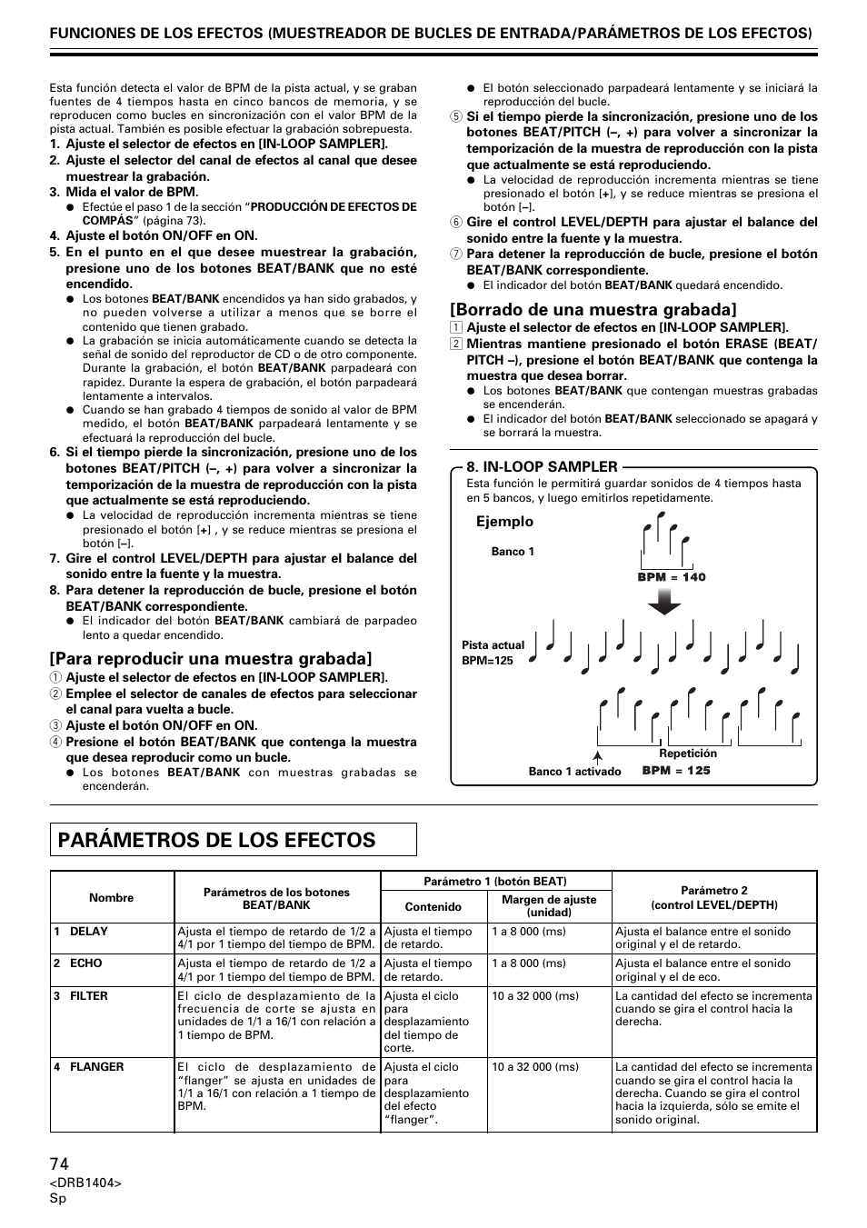 Parámetros de los efectos, Para reproducir una muestra grabada, Borrado de una muestra grabada | Pioneer DJM-400 User Manual | Page 74 / 76