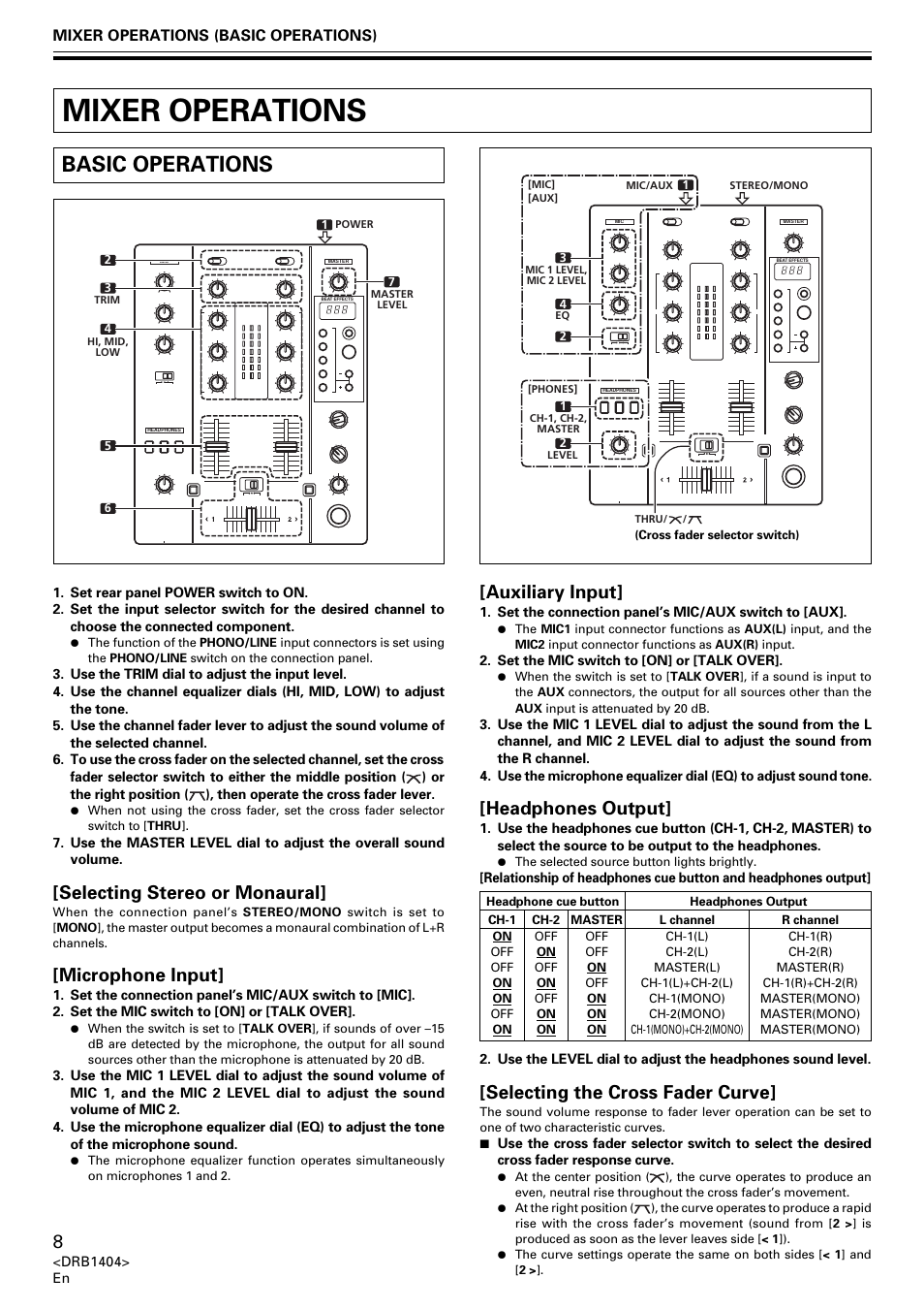 Mixer operations, Basic operations, Selecting stereo or monaural | Microphone input, Auxiliary input, Headphones output, Selecting the cross fader curve, Mixer operations (basic operations) | Pioneer DJM-400 User Manual | Page 8 / 76
