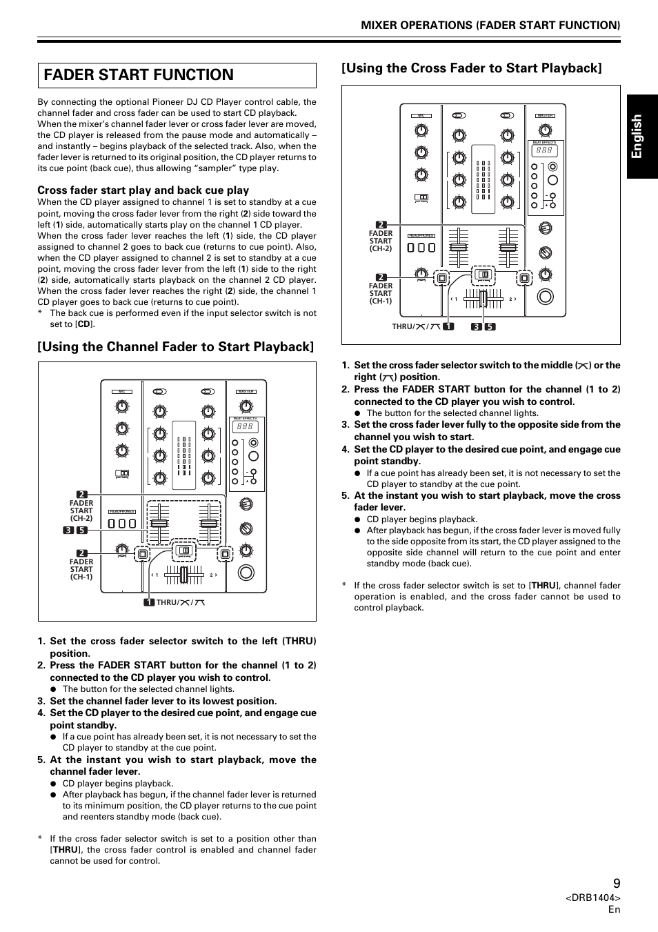 Fader start function, English, Using the channel fader to start playback | Using the cross fader to start playback, Mixer operations (fader start function), Cross fader start play and back cue play | Pioneer DJM-400 User Manual | Page 9 / 76