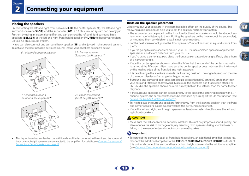 Placing the speakers, Hints on the speaker placement, Connecting your equipment | Pioneer VSX-422-S User Manual | Page 10 / 36