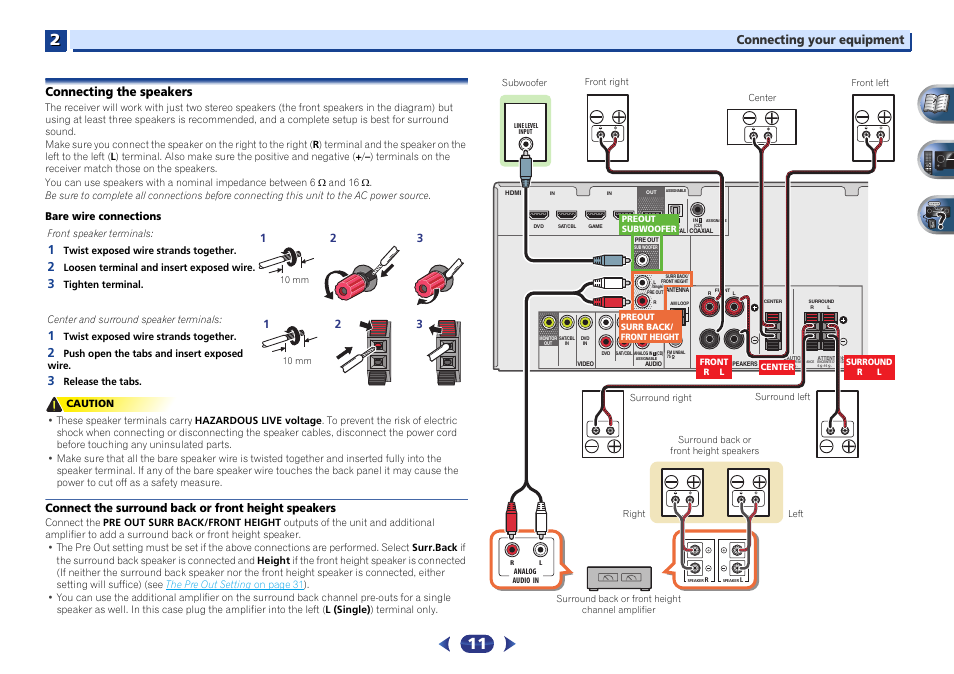 Connecting the speakers, Connect the surround back or front height speakers, Connecting your equipment | Pioneer VSX-422-S User Manual | Page 11 / 36