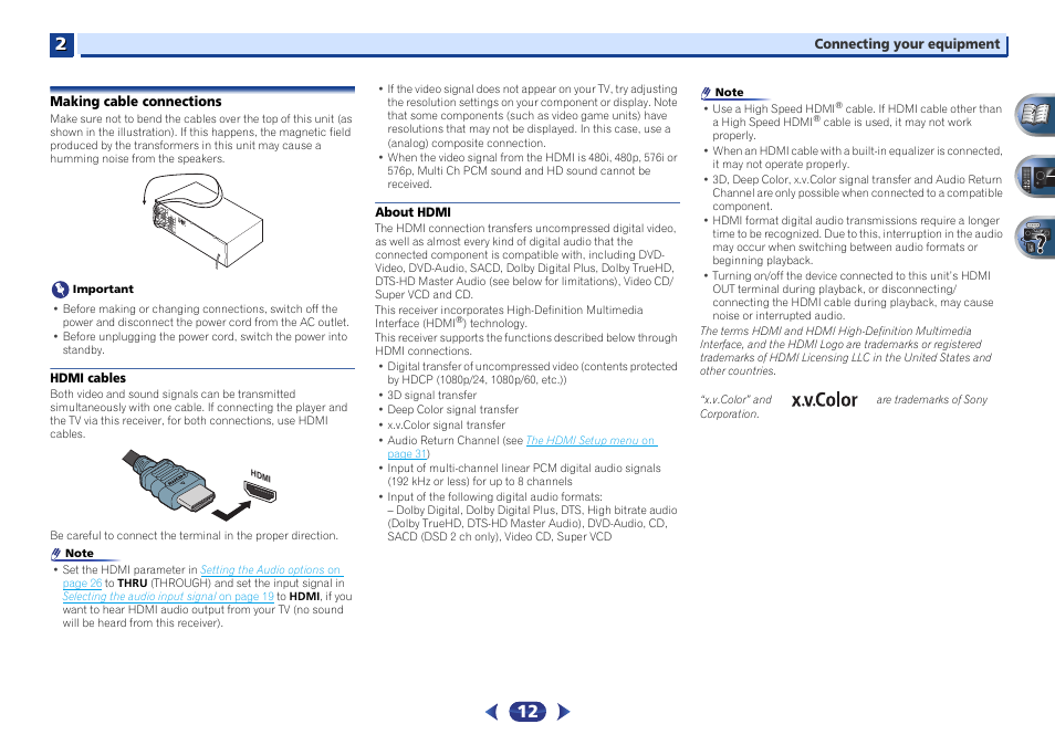 Making cable connections, Hdmi cables, About hdmi | Pioneer VSX-422-S User Manual | Page 12 / 36