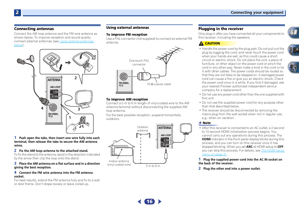 Connecting antennas, Using external antennas, Plugging in the receiver | Pioneer VSX-422-S User Manual | Page 16 / 36